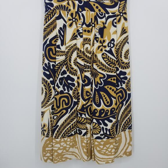 Kay Unger Silk Abstract Paisley Dress 2 A Line Sleeveless V Neck Pleated Navy - Picture 4 of 9
